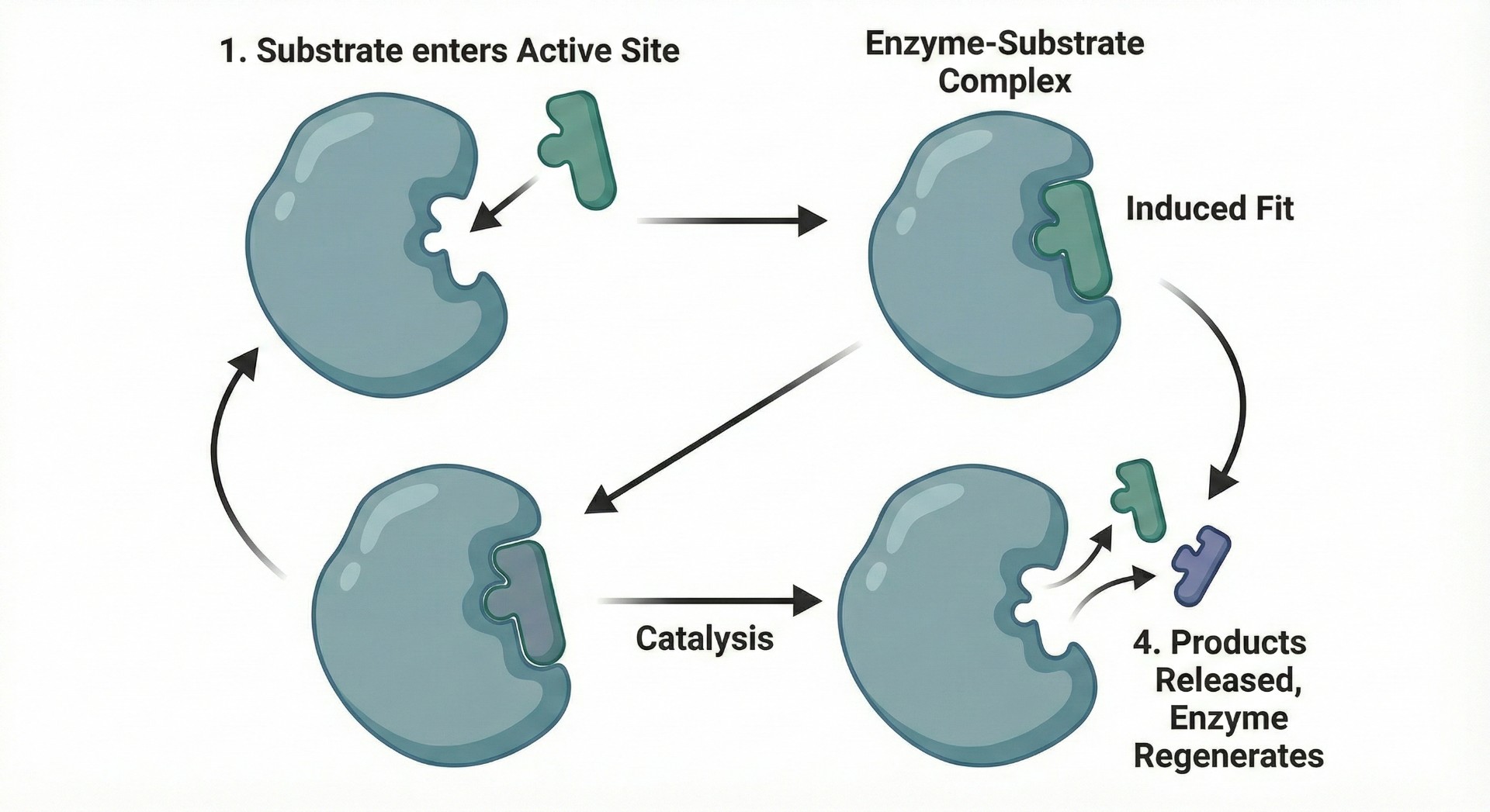 Four-step diagram illustrating the enzyme catalytic cycle: binding, induced fit, catalysis, and release.